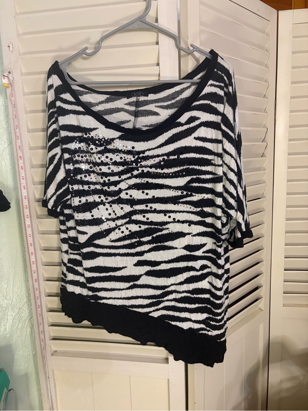 Vintage Deb Black & White Zebra Print Scoop Neck Top with Sequin Detail
